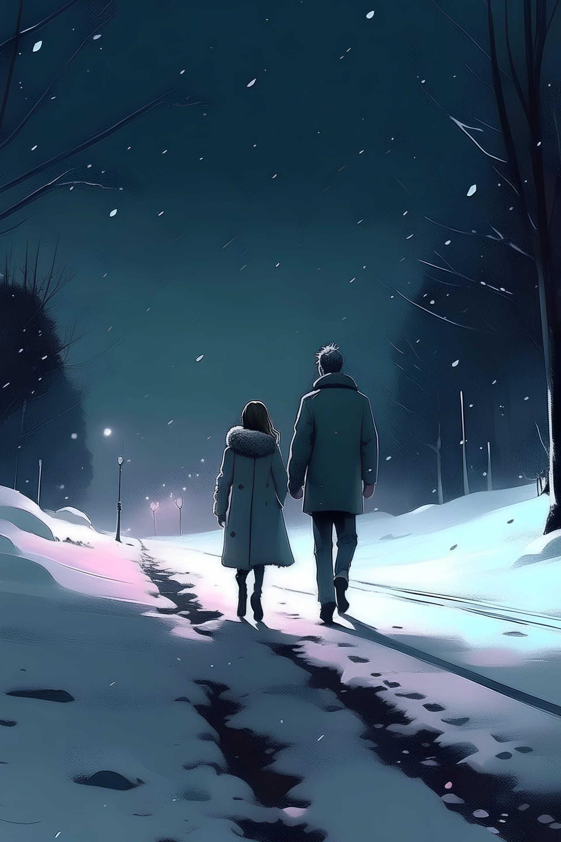 snow road walk girl back pastel night sad with a fantasy man