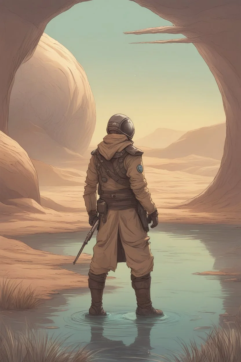 [Herbert's Dune] A man in scifi outfit around a pond