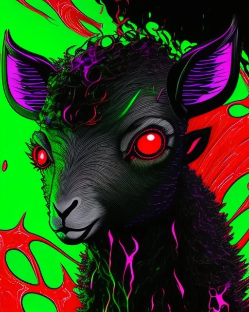 Comic book art style black lamb with red eyes, contrasting green meadow, cartoonist, digital portrait, dark fantasy, black iridescent skin, holographic, shiny, PVC texture, wet look, anime, gothic