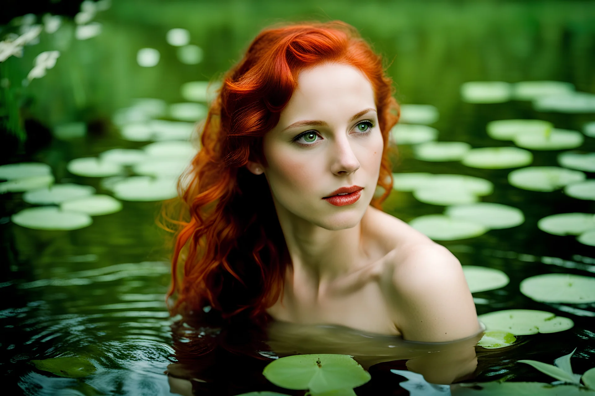 Closeup Peppery Lorraine age 28 as a happy water nymph in a pond, feather soft, pouty, redhead, high res, perfect, fairy wings, Portra160 Film, normal saturation