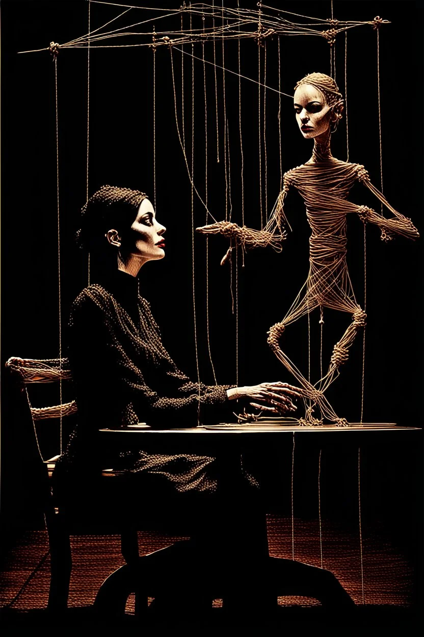 a surreal abstract image of a woman seated on a table,facing to the front ,she is connected to string like a puppet, arms in air, moved by the strings, puppet like features in the face, beautiful face, behind her also facing the front is the puppet master,is a huge image of a man holding the strings, creepy gothic character,.zoomed in, dark and shadowy background with selective lighting on the woman, gothic and chaotic