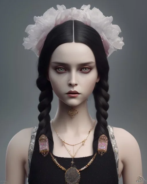 "Wednesday Addams, portrait, porcelain doll look, dark clothes, 3D, Alphonse Mucha dynamic lighting hyperdetailed intricately detailed Splash art trending on Artstation triadic colors Unreal Engine 5 volumetric lighting Splash art fantasy"