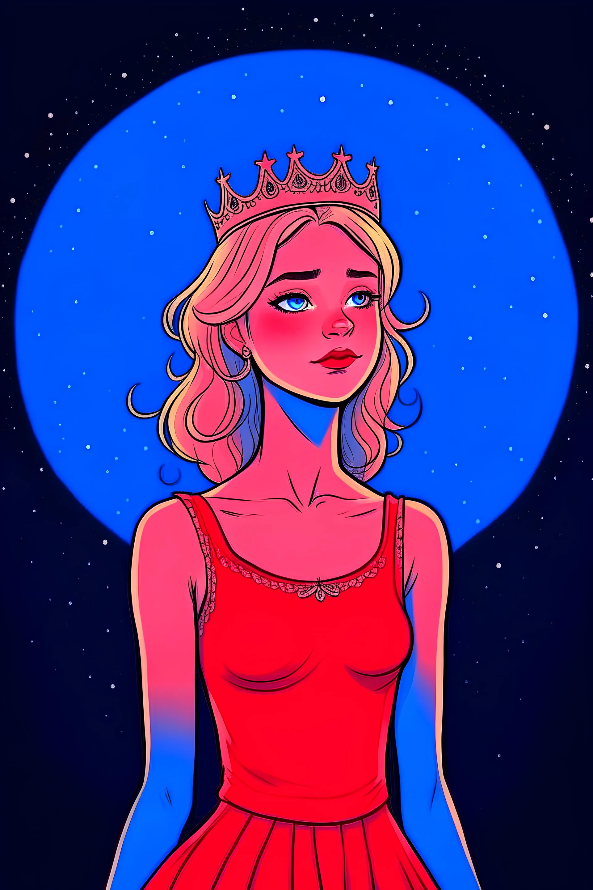 Blonde girl, white skin color, blue eyes, standing in the moonlight, handdrawn, red dress, wearing a crown,