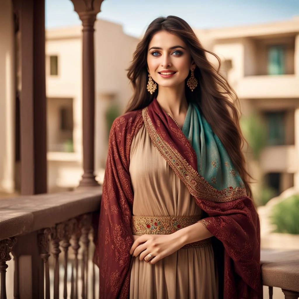 Hyper Realistic Photographic-Outside-View of Beautiful Happy Young Pashto Woman with having-Beautiful-green-&-blue-eyes & long-dark-brown-hair wearing brown-embroidered-beige-dress-with-maroon-shawl standing on balcony showing dramatic & cinematic ambiance.