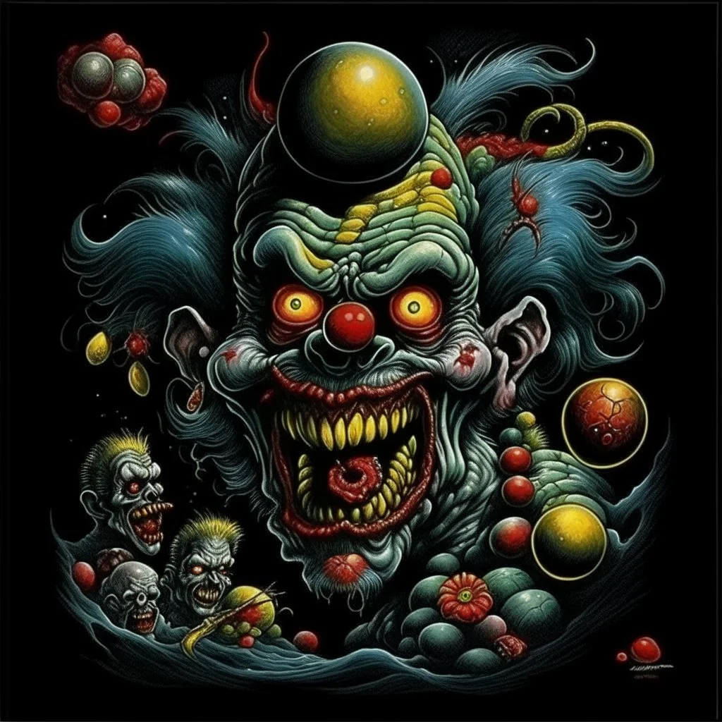 High_Quality_Art Digital Painting of Science experiment Horror Clown Monster creature by Richard Corben, Todd Schorr, T-Shirt Design, Black Background,