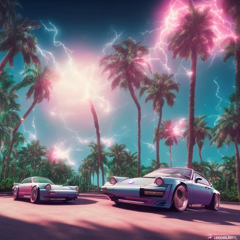 1980's aesthetic vaporwave palm trees and spheres and Porsche with lightning on fisheye filter