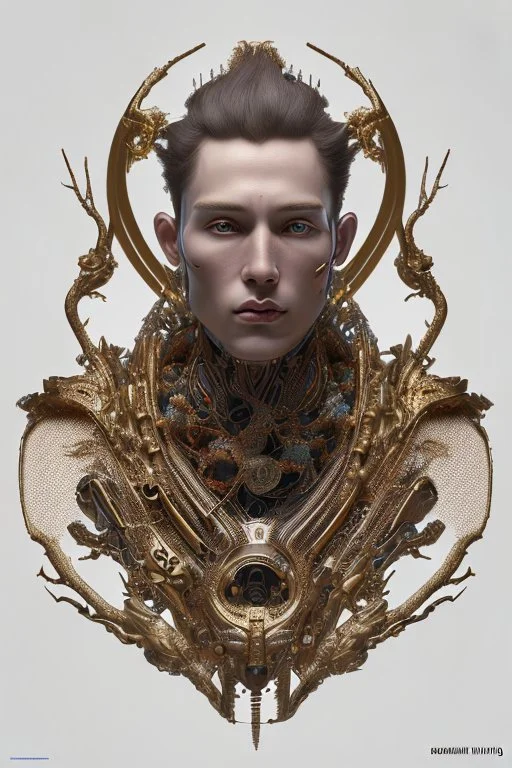 Complex 3d render ultra detailed of a handsome male porcelain profile face, biomechanical cyborg, analog, 150 mm lens, beautiful natural soft rim light, big leaves and stems, roots, fine foliage lace, colorful details, massai warrior, alexander mcqueen high fashion haute couture, pearl earring, art nouveau fashion embroidered, steampunk, intricate details, mesh wire, mandelbrot fractal, anatomical, facial muscles, cable wires, elegant, hyper realistic, ultra detailed, octane render