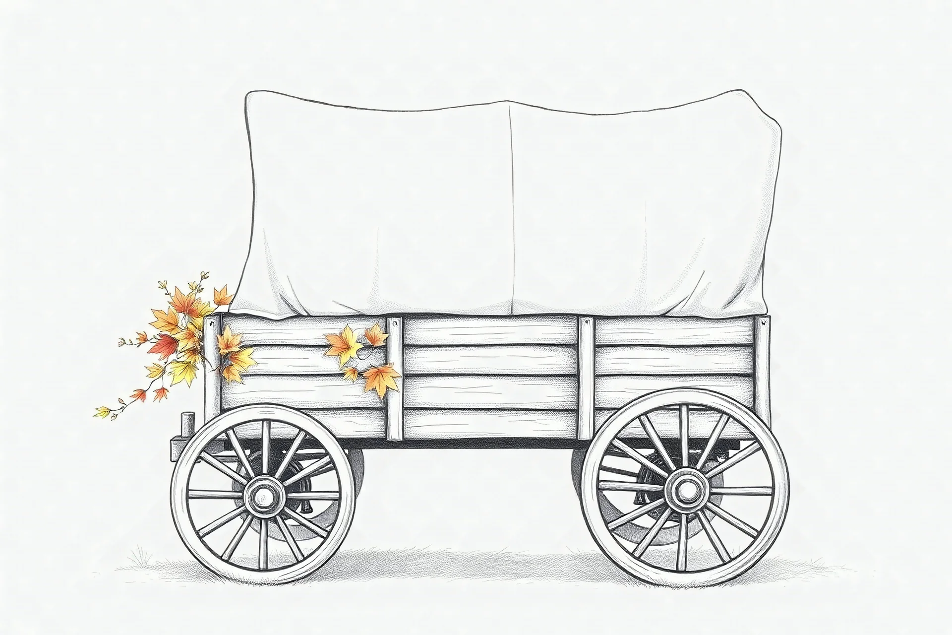 An autumn wagon. Full-color drawing. Delicate pencil drawing, line art, illustration-style, full color, on a white background. Realistic drawing. Extremely detailed and well-drawn. Flat illustration. Crisp, clean image. Hand-drawn. High-resolution, full-color drawing. Full-length image. Full-length body.