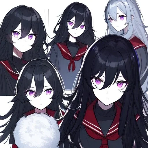 Clear focus, High resolution, rough line sketch art, long black hair, hair between eyes, fluffy hair, purple eyes, wearing a black and red sailor uniform, dark aura