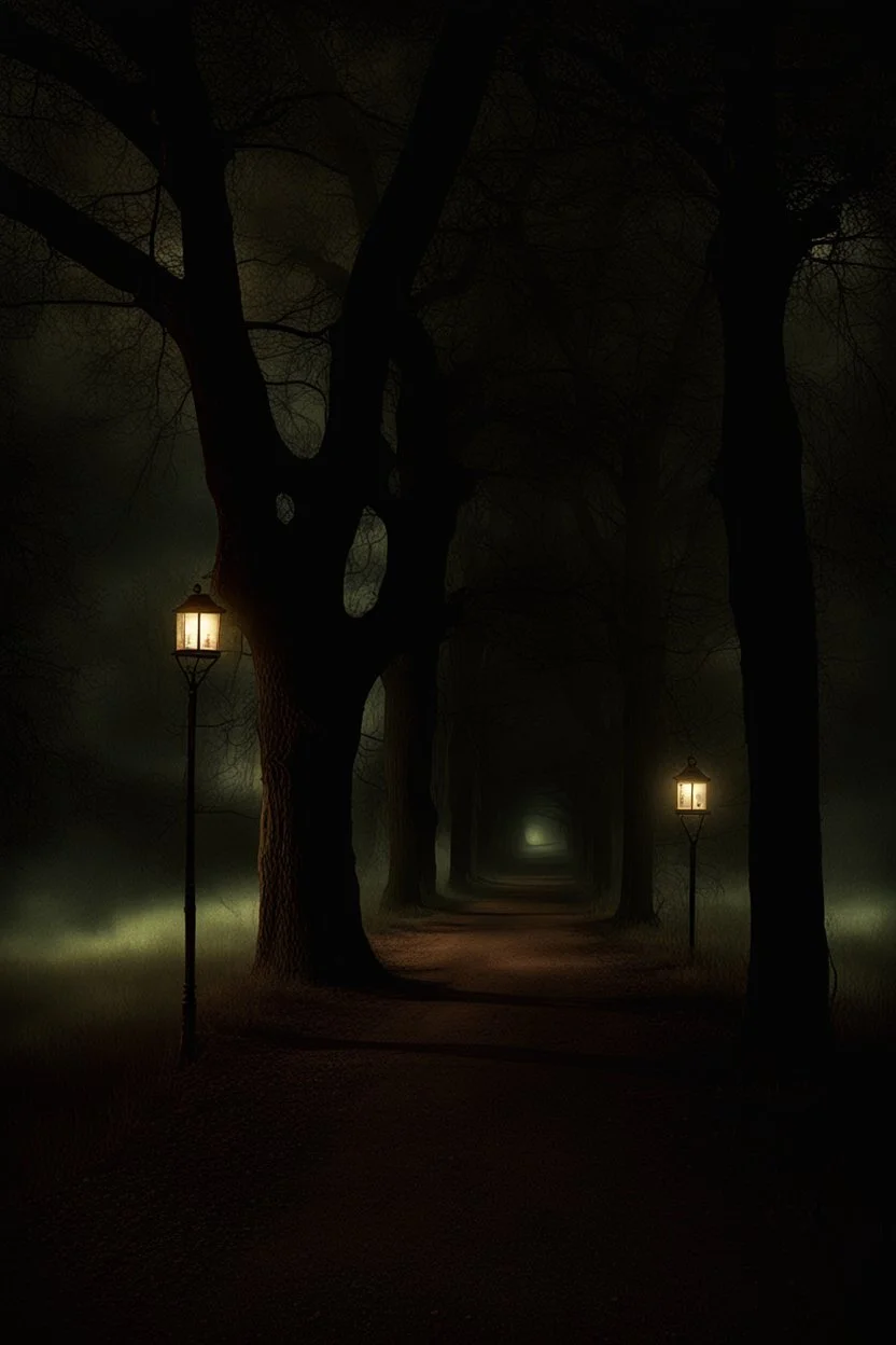 Night, lanterns, square bench, dirt roads, trees, gothic horror films influence, creepy, photography