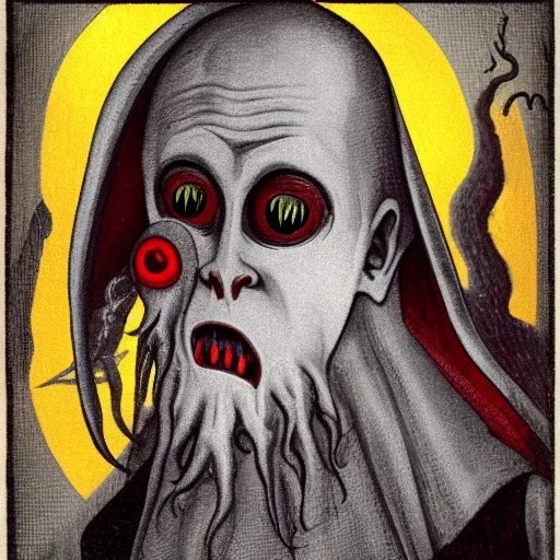 Nosferatu with yellow eyes with fleshy tentacle hair beard grey skin and red fangs and vampire bat nose as a Russian Orthodox