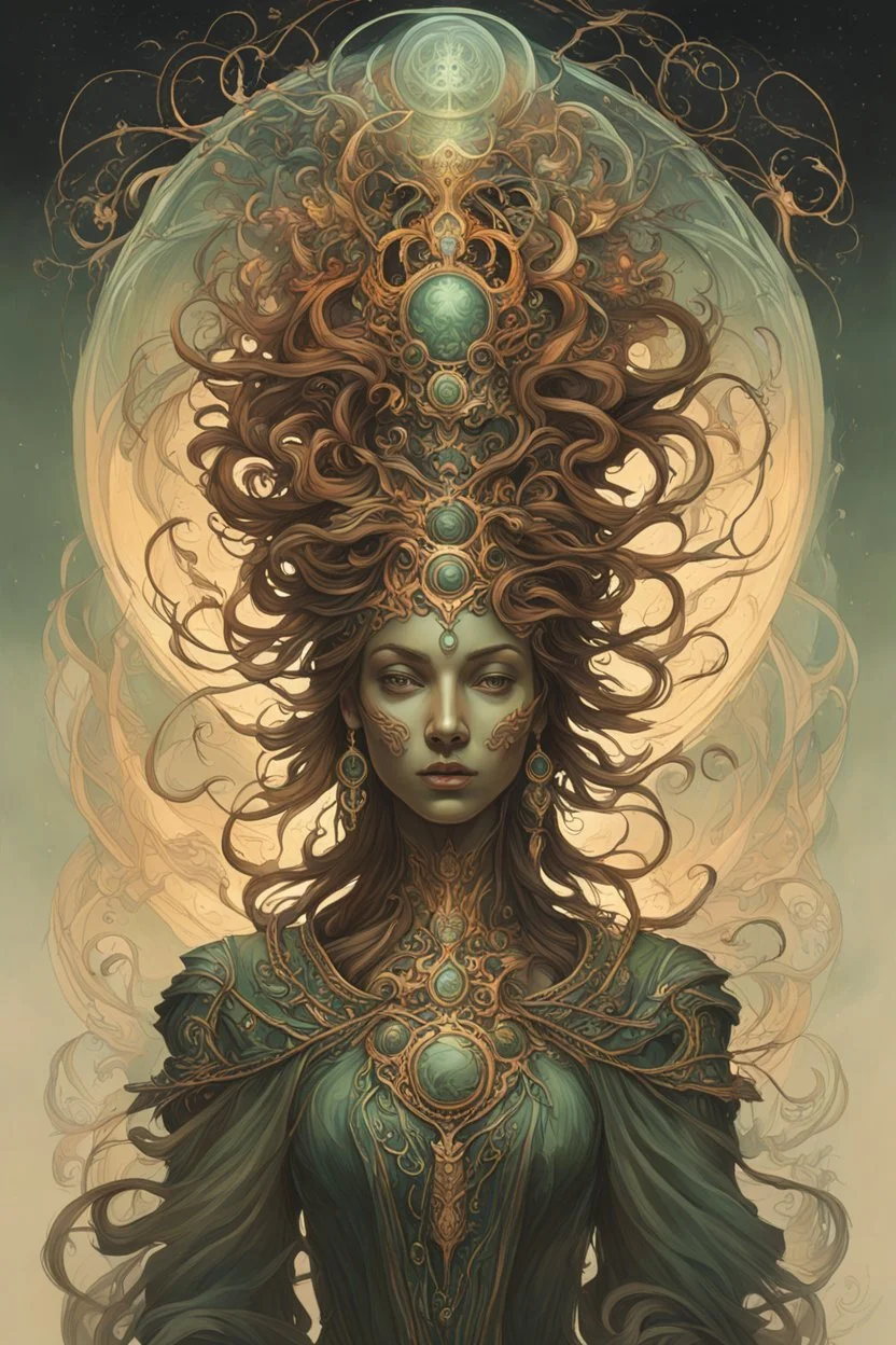 create a full body, haunted female disembodied spirit with highly detailed, sharply lined facial features, , finely drawn, boldly inked, in soft ethereal colors, otherworldly, celestial, and beautiful in the style of Peter Mohrbacher