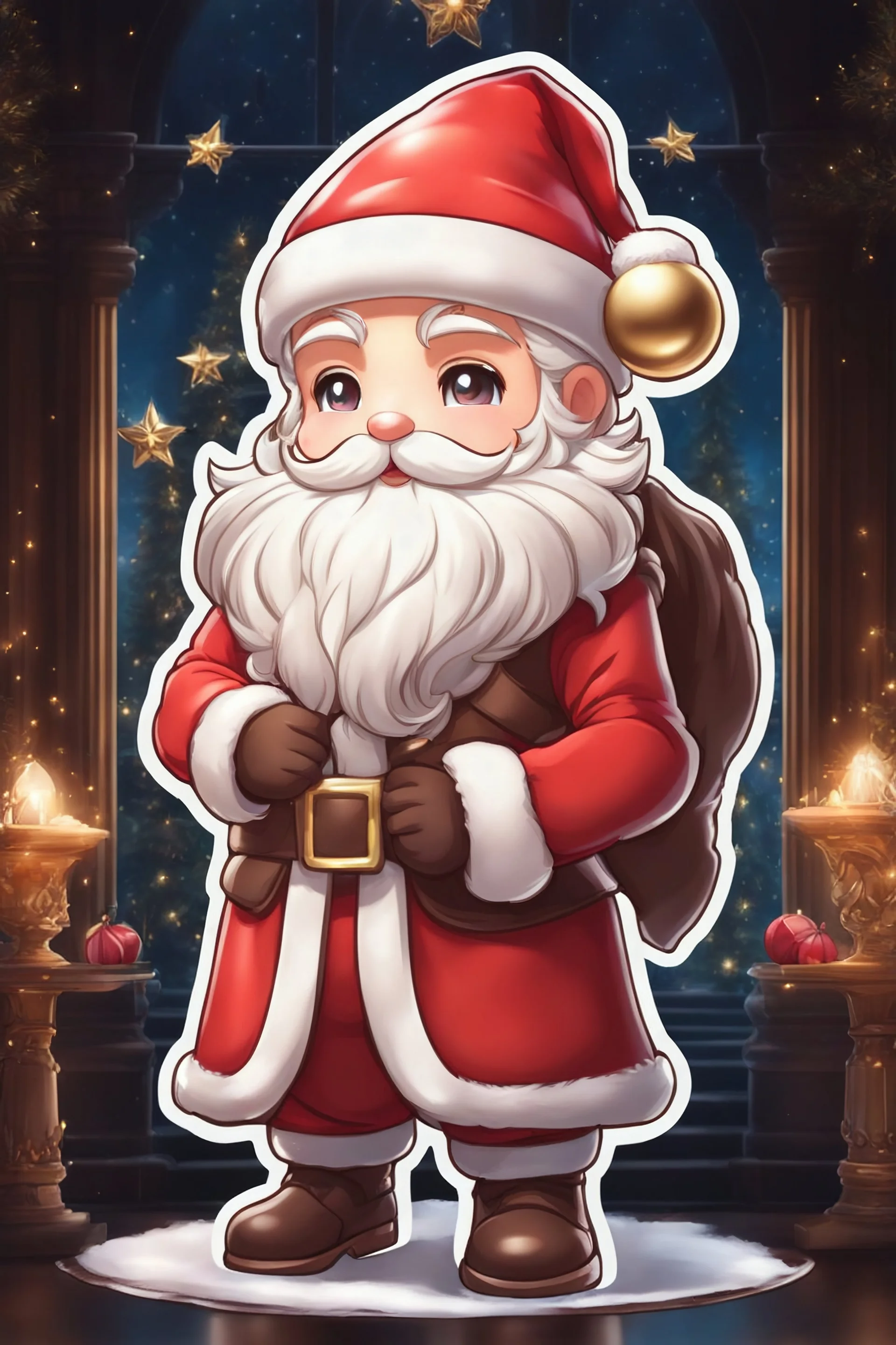 Cute Chibi santa-claus in 8k sticker, style of fairy academia, hug big Chocolate, intricate details, highly detailed, high details, detailed portrait, masterpiece,ultra detailed, ultra quality