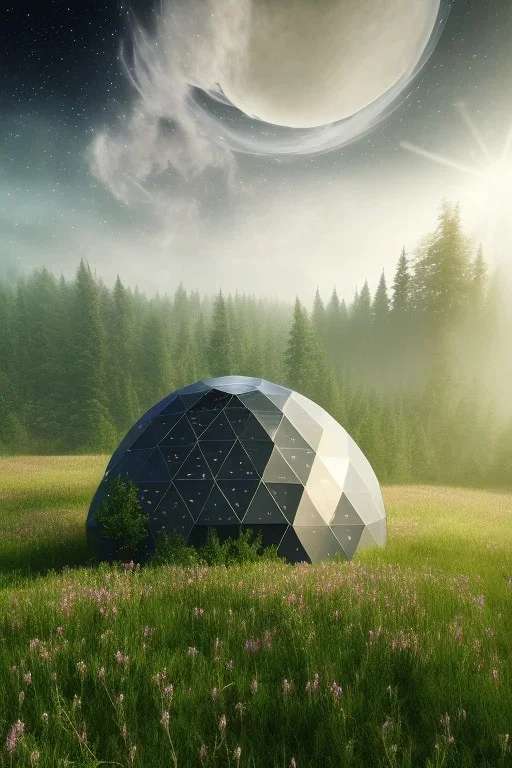 geodesic Dome a facettes transparant ultra réaliste, brouillard, prairie,riviers animé, soleil, ciel étoilé cgi,