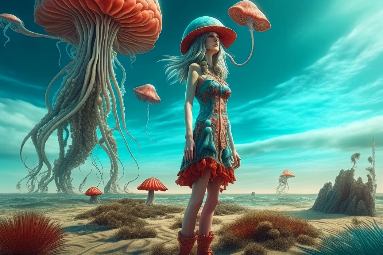 woman in a form-fitting outfit, standing on a beach of an alien world, watching mushrooms with jellyfish tentacles in the sky, photorealistic, Deep Colour, Fantastical, Intricate Detail, sunshine