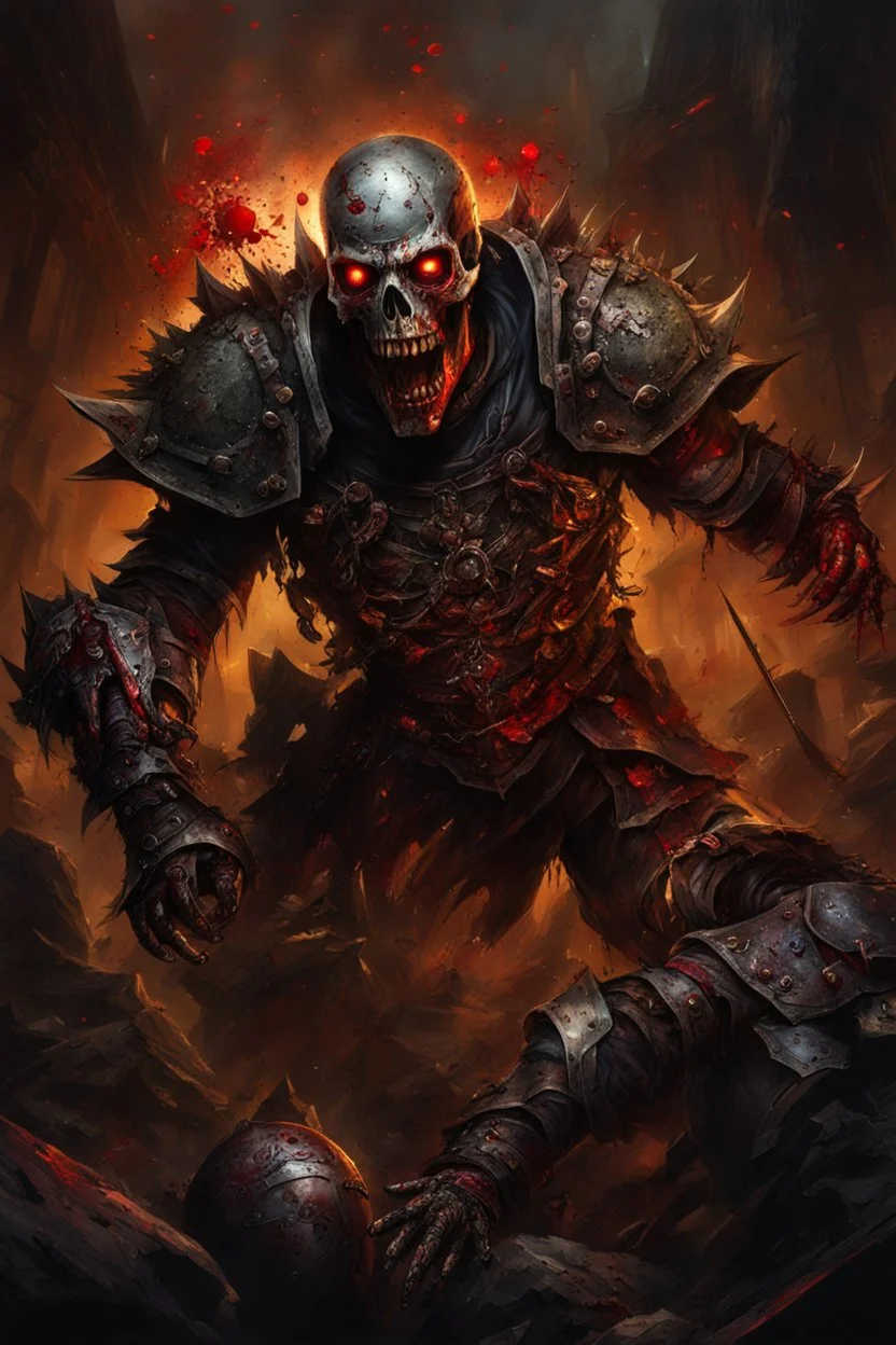 a rotting zombie attacking. empty eyes. armor melted into the skin. blood.. broken bones. bleeding eyes. crushed skull. broken fangs. broken jaws. broken armor. gloves.intense horror. blind terror. scared to death. no weapons. no helmet. a masterpiece, fantasy concept art, dynamic lighting, hyperdetailed, intricately detailed, deep color, Unreal Engine, volumetric lighting, Epic cinematic brilliant stunning intricate meticulously detailed dramatic atmospheric maximalist digital matte paintin