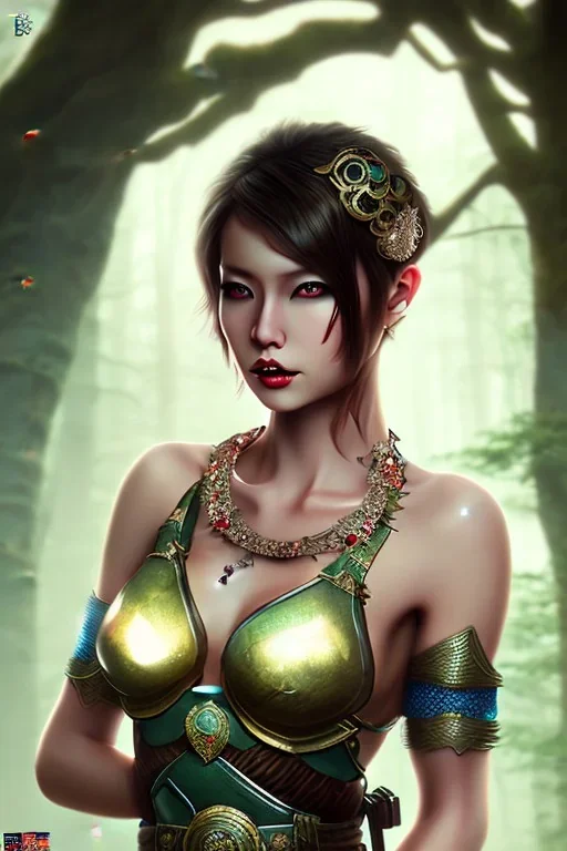 asian milf, brunett short hair, warrior princess, forest, nacht, große oberweite, corsage, necklace, fantasy art