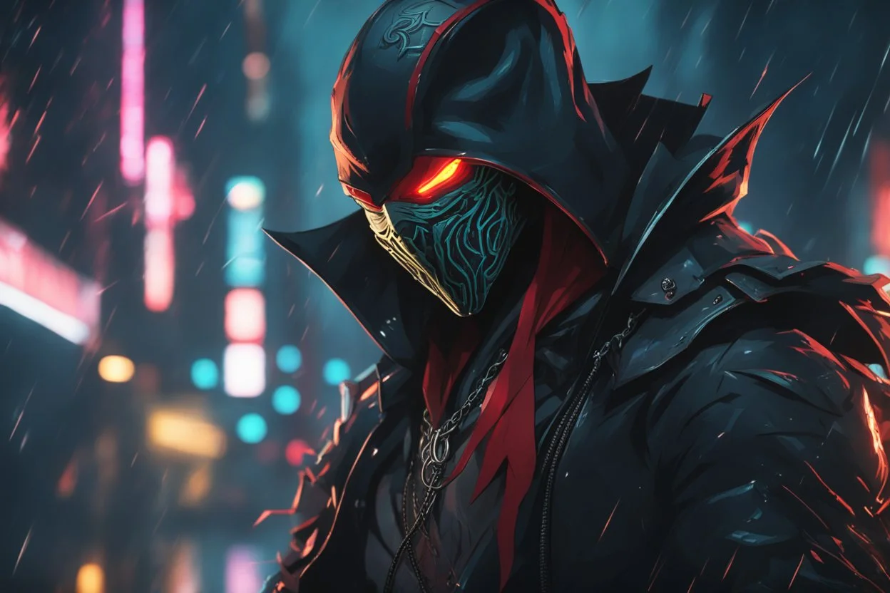 Pyke venom in 8k solo leveling shadow artstyle, pirate them, mask, close picture, rain, neon lights, intricate details, highly detailed, high details, detailed portrait, masterpiece,ultra detailed, ultra quality