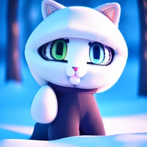 Cute fumo plush of a beautiful anthropomorphic cat girl wearing a puffy jacket in a winter wonderland; beautiful full volumetric lighting, cinematic illumination, brilliant coloring, smooth, sharp focus, crispy quality, vray; Pixar, Disney, Artstation; HD, HDR, SF, CGSociety, 16k, photorealistic, unreal engine