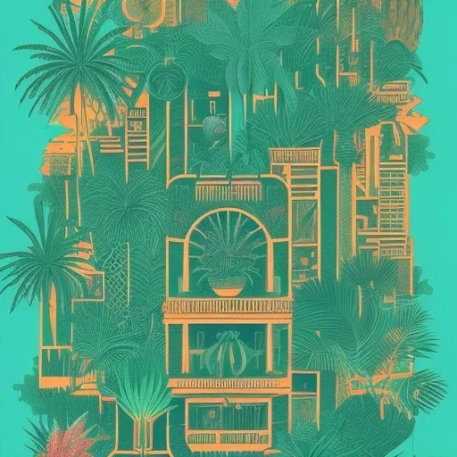 tropical city, latino, plants, streets, risograph poster, flat design, 2 colors