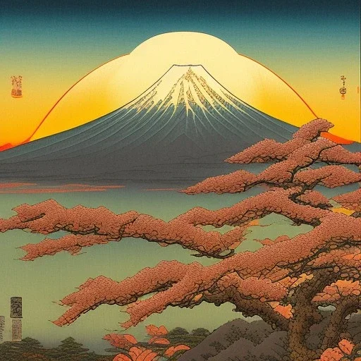 Ukiyo-e Style , mount fuji, sun set