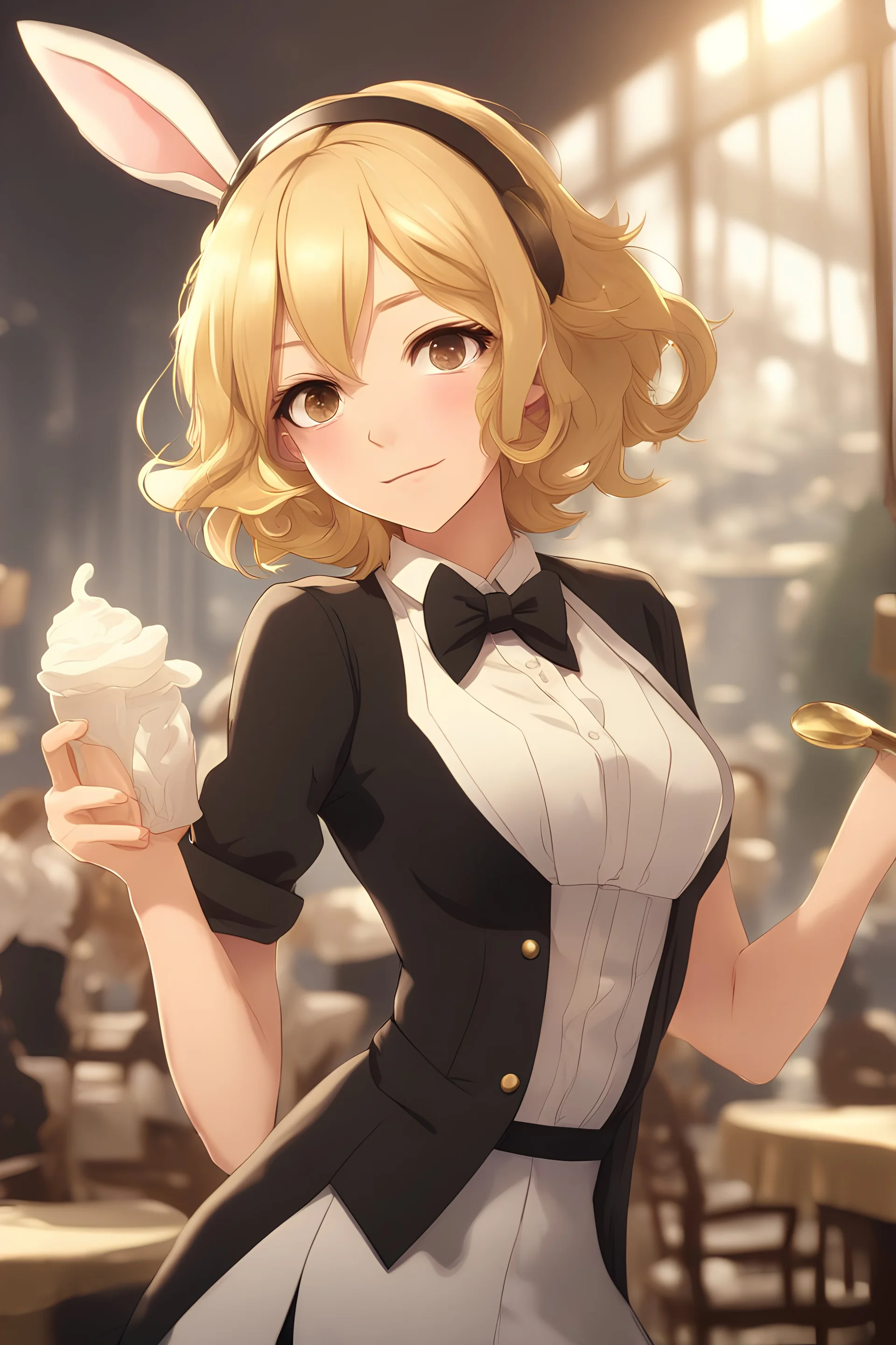 Female waiter with bunny ears, tailcoat, messy tousled waves, golden blonde, short hair, detailed eyes, sleek design, professional attire, elegant, cool tones, atmospheric lighting, high quality, 8k, anime, detailed illustration, cool-toned, atmospheric lighting, elegant design