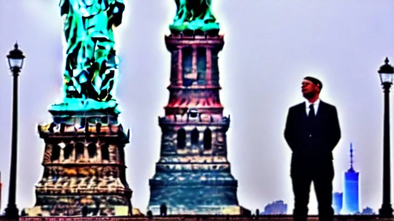 A Tesla's 'Model S Plaid' is performing donuts, under the Statue of Liberty, in New York city. CINEMATIC. WIDE ANGLE LENS.