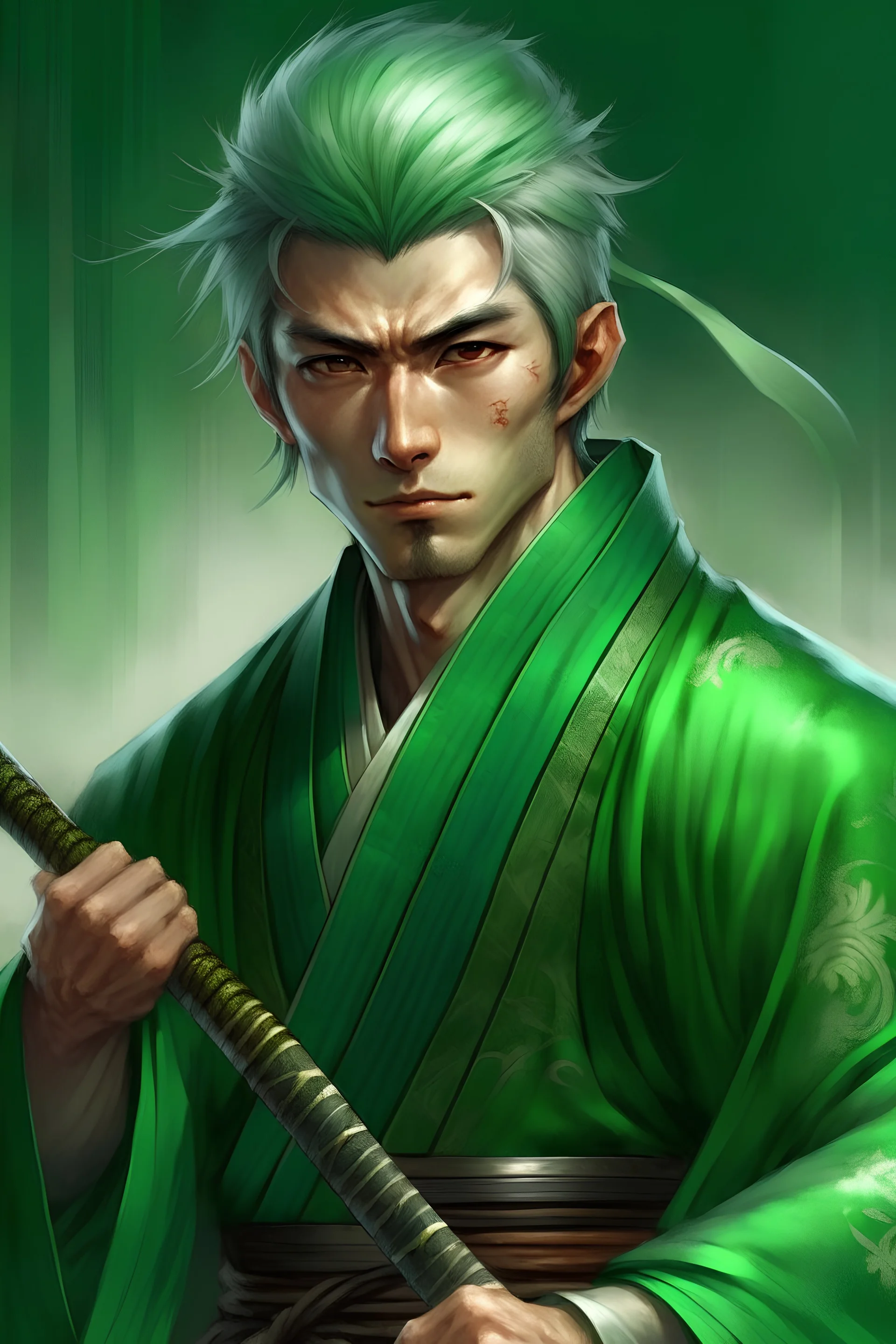 Cabelo verde bem curto, usa kimono verde aberto no peito deixando sua cicatriz visível, tem uma leve cicatriz no olho esquerdo, usa três katanas, é forte e bonito, um homem do Japão feudal incrivelmente lindo
