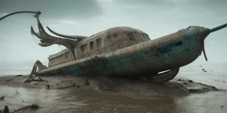 statue poseidon, abandoned airplane on tracks overgrown by nature with large puddles of water flooding part of tracks, rain, fog, 8k resolution, high-quality, fine-detail, intricate, digital art, volumetric lighting, illustration, 3D octane render