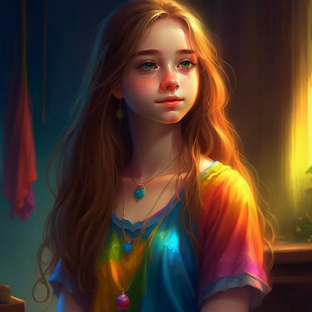 pretty girl, conventionally attractive, bright clothes, realism, dreamy, tight top, age 13, sorcerer