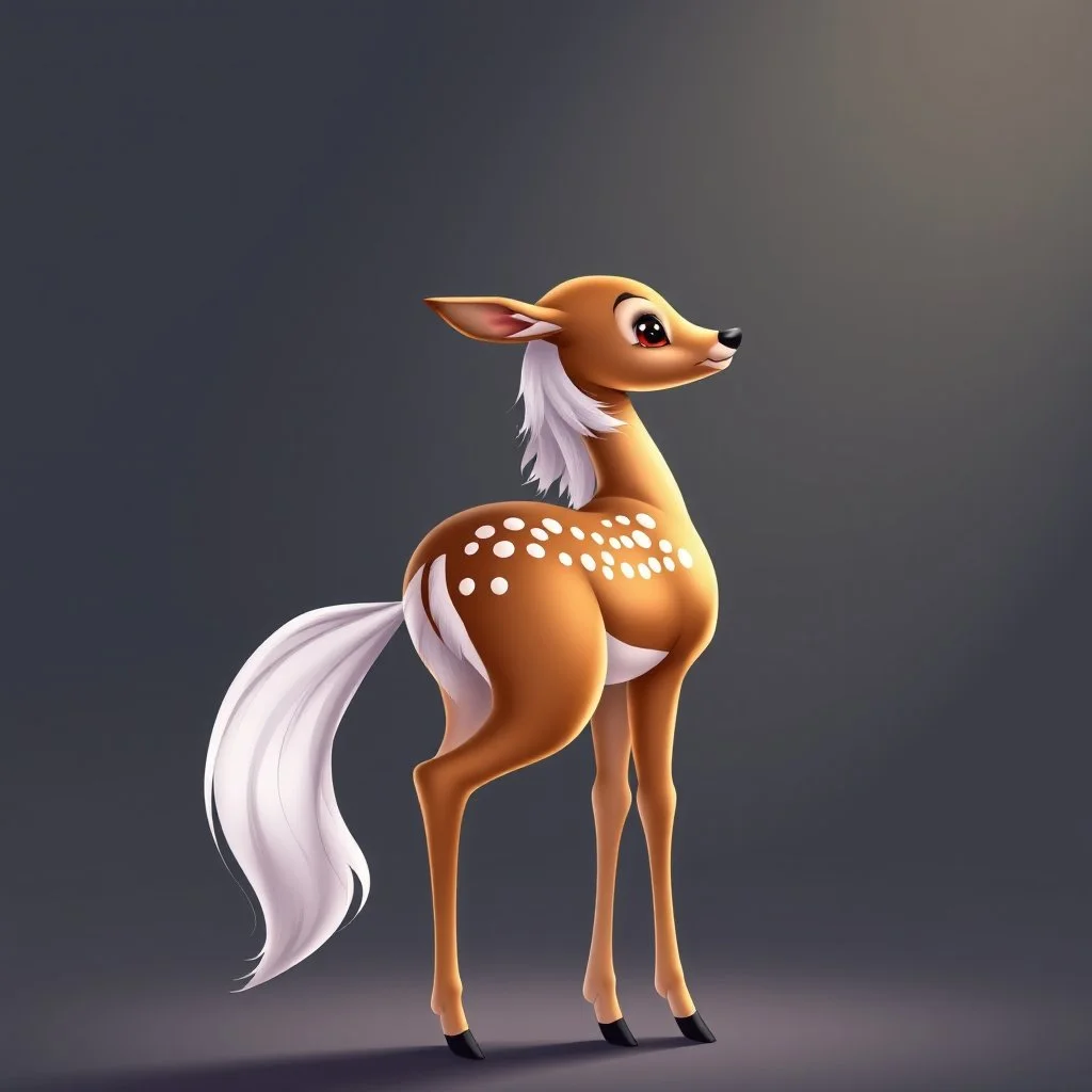 full body of a bald white tail deer, sultry, seductive, standing with big smile, looking back, and big eyes looking back , tail upward, on flat background, in the style of 'My Little Pony' and Bambi, fantastic lighting