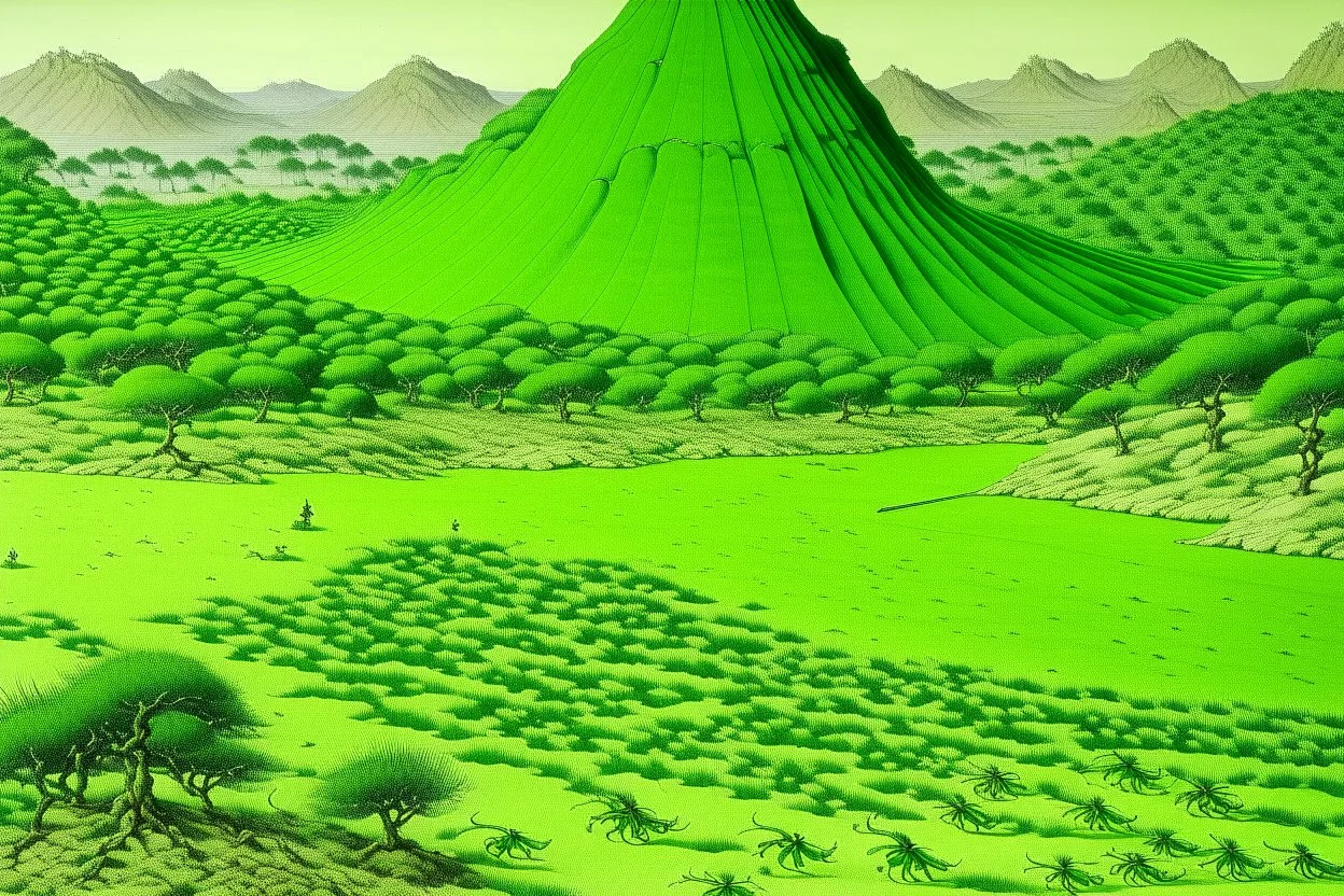Lime green semi-desert grounds with termites painted by Katsushika Hokusai