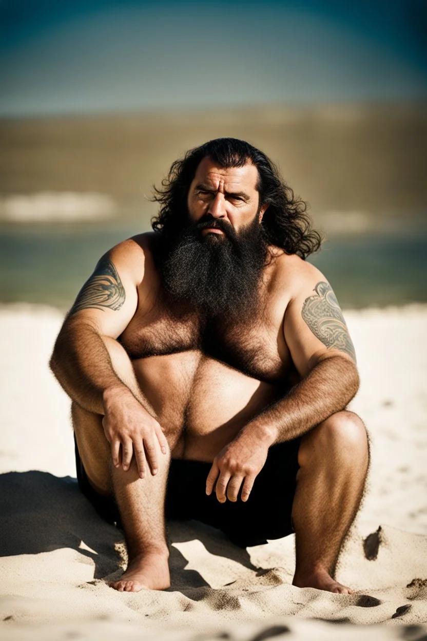 photography of a tired chubby hairy burly 46 years old ugly arab carpenter, big nose, tattoo, long beard, shaved hair, manly chest, , angry eyes, open legs , on the beach in the sun, big shoulders, big tights, side light, sweat and wet, ground view angle,bartoslora1 man