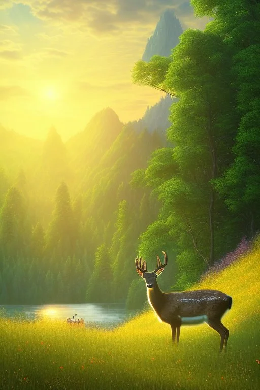 the foreground, a deer on a forest hillside overlooking a lake. Bathed in sunshine, with a lush green meadow, a winding river, and a towering mountain range in the distance. Warm sundown glow, golden hour. Ultra-detailed, with every blade of grass and every leaf rendered in perfect clarity. The colors are vibrant and saturated, with a dreamy, ethereal quality. Stained glass effect. Modifiers: photorealistic award winning cinematic postprocessing watercolor Ink drawing Steve Hanks Nicoletta Cecc