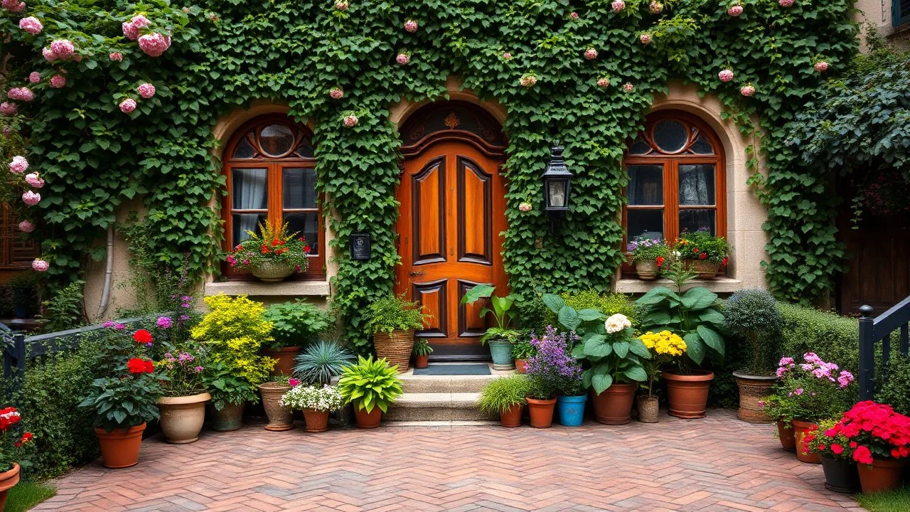 A cozy and charming old European-style house with a lush, overgrown facade covered in vines and flowers. The house has ornate arched windows and a wooden door surrounded by potted plants and flowers. The brick pathway leading to the house is lined with more potted plants and flowers, creating a whimsical and inviting atmosphere