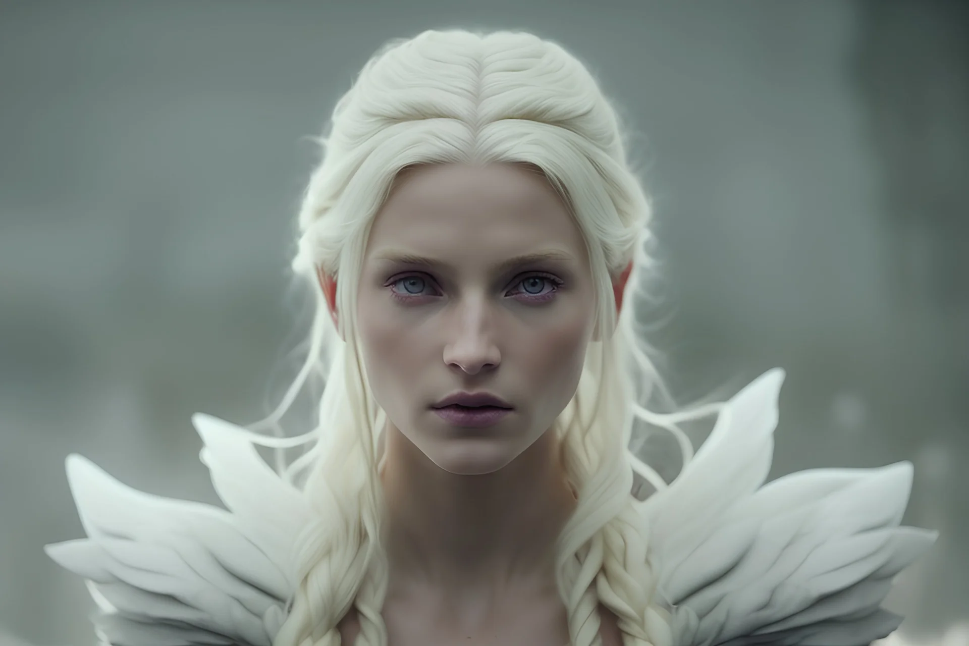 photoreal thirty-year-old ethereal attack-ready ethereal gorgeous blonde ethereal god Guardian high priestess of the Eladrin with leather skin with mystical eyes looking like gina carano wearing green and orange garments in an snow covered burning village in icewind dale, fogotten realms by lee jeffries, 8k, high detail, smooth render, unreal engine 5, cinema 4d, HDR, dust effect, vivid colors