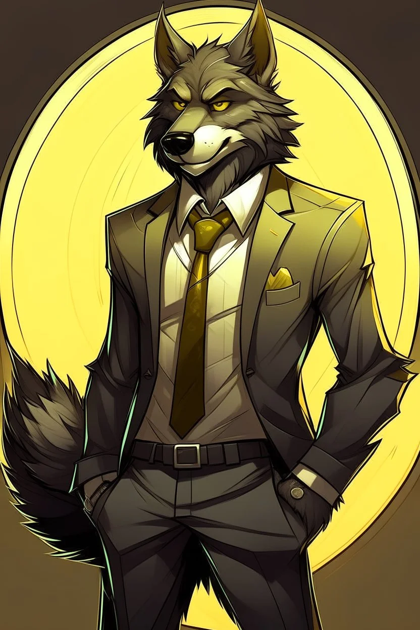 Buff, anthro, wolf, himbo, black fur, gold eyes, wearing a suit, full-body