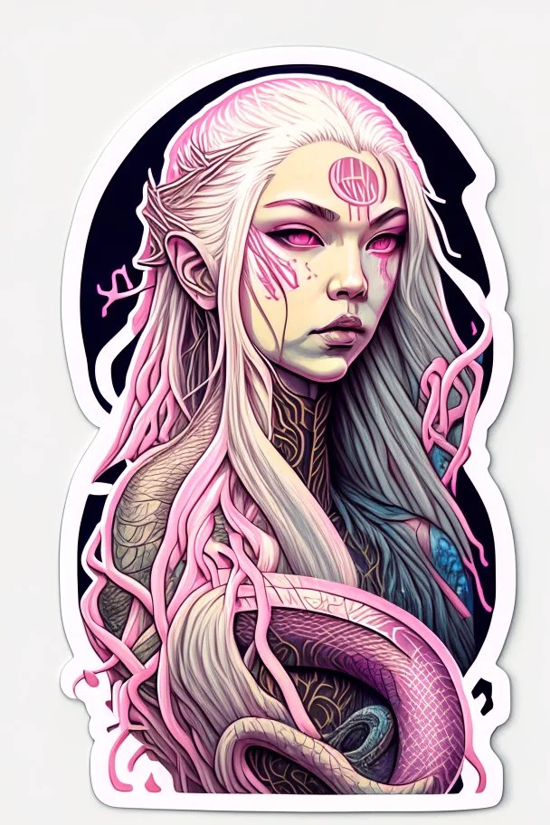 a sticker of a woman with a long hair and a snake's head, dan mumford and alex grey style, trending on artstaion, pink skin, portrait of anime woman, inspired by Karol Bak, porcelain looking skin, connectedness, twitter pfp, yosuke ueno, blonde girl, anatomically perfect, biopunk armor