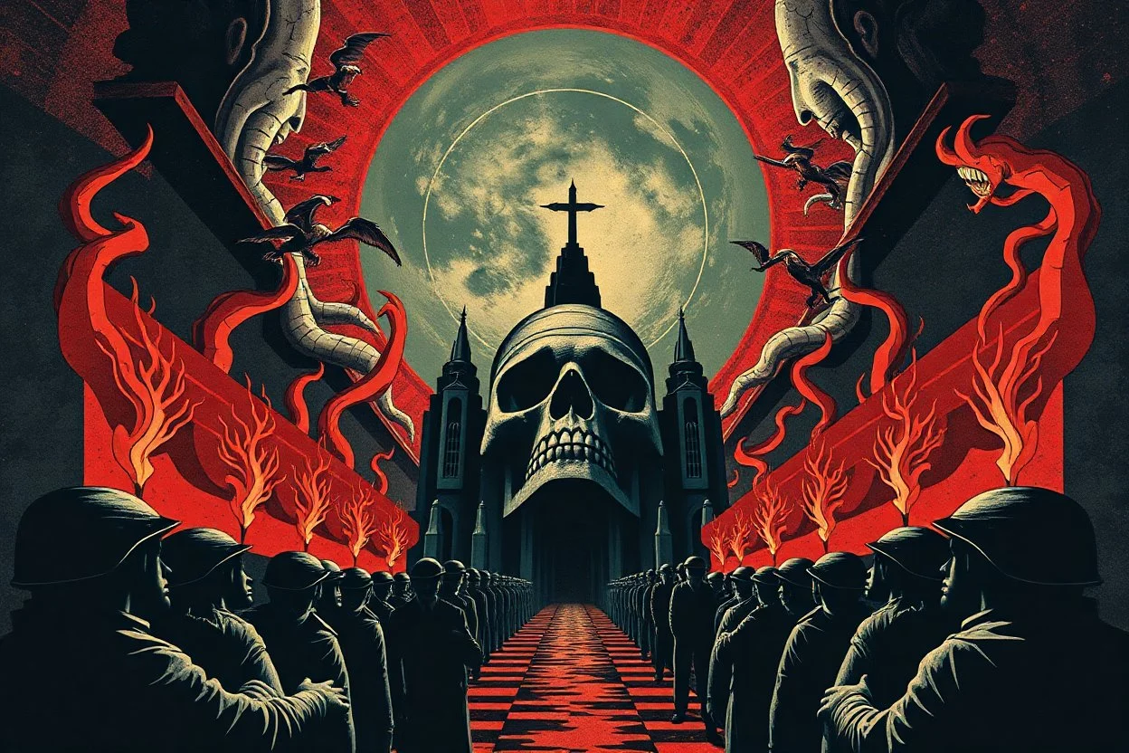 propaganda poster in the style of Rembrandt, Escher and Giger