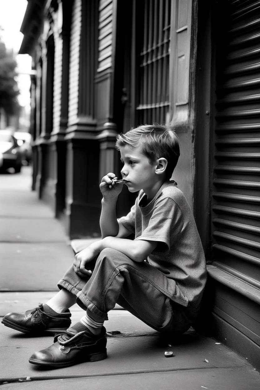 A boy sitting on the sidewalk, smoking a cigarette and wearing sandals