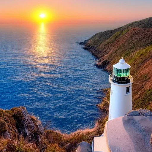 Lighthouse at the edge of a mountain overlooking the sea as the sun is going down