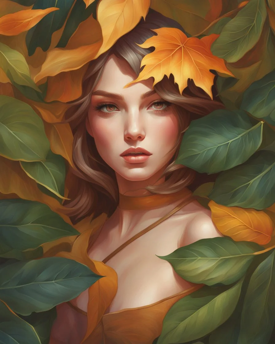 a painting of a woman surrounded by leaves, featured on artgerm, as seen on artgerm, artgerm 4 k, beautiful fantasy art portrait, extremely detailed artgerm, realistic cute girl painting, artgerm and rossdraws, beautiful anime portrait, artgerm and james jean, stanley artgerm lau, artgerm. anime illustration