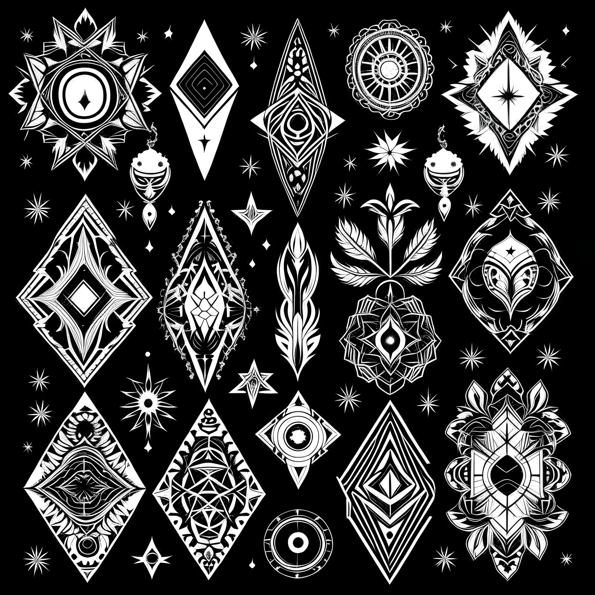 Set of ornamental black and white engraved symbols with crystals, stars and geometric shapes