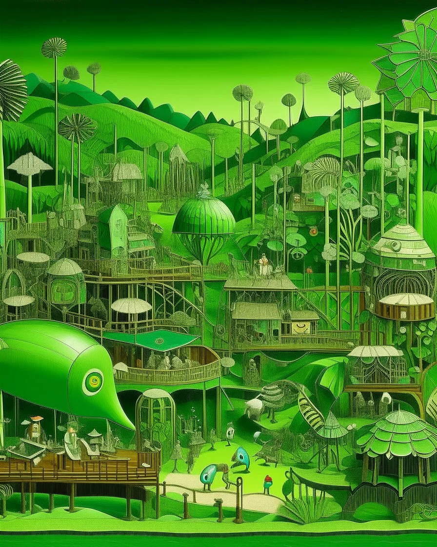 A green mechanical village with crystals painted by Henri Rousseau
