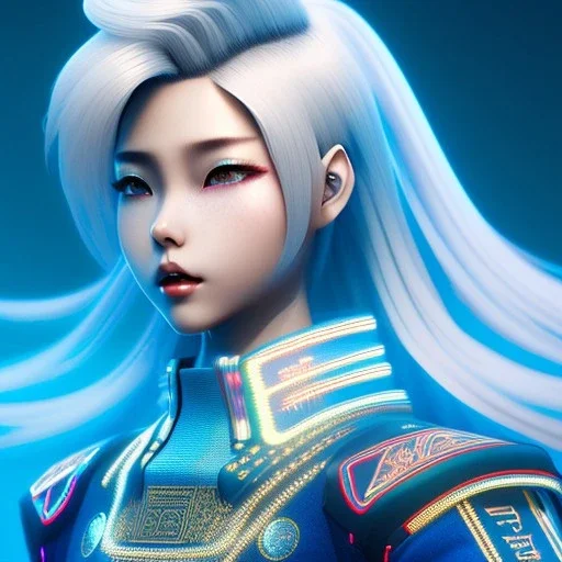 teenager, Cyborg samurai, cyberpunk, white skin, light blue hair, geisha hairstyle, cobalt eyes, waist up portrait, 8k resolution, retroanime, intricate details, neon details, soft lighting, vibrant colors, masterpiece, intricate eyeliner, dark eyeshadow, eyes, intricate tattoos, gradient background