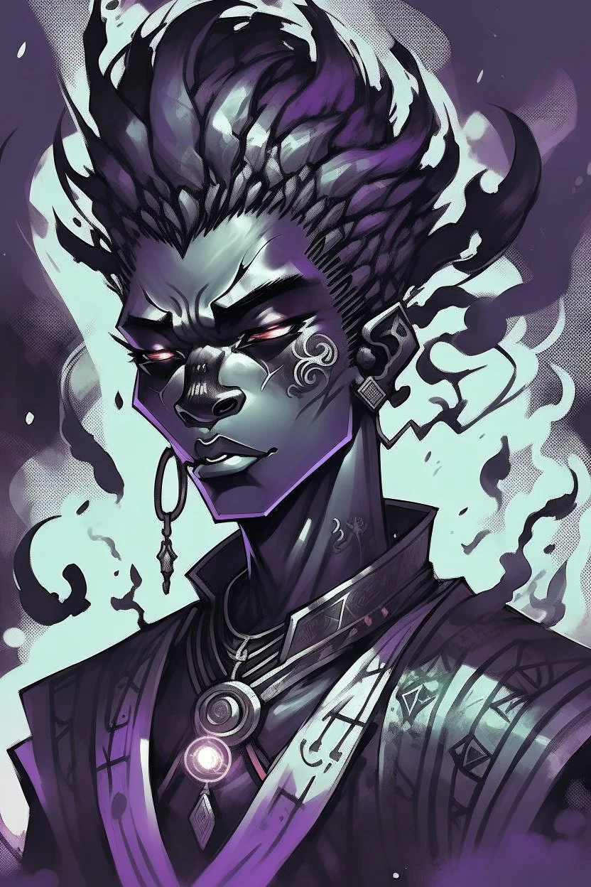 Male Air genasi fra d&d with black skin smoke some hair an Asian skin ghostly appearance with a Smokey undertone