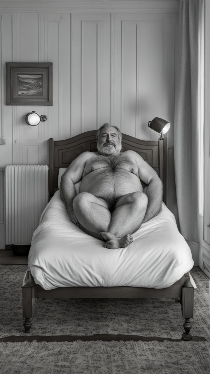 tubby italian 45 years old man in bed with his arms behind his head and hairy armpits, walrus mustache, very hairy, masculine, bullneck, photorealistic, photographic, very short white hairs, 32k, clear facial features, Cinematic, full figure photo, 35mm lens, f/1.8, accent lighting, side light