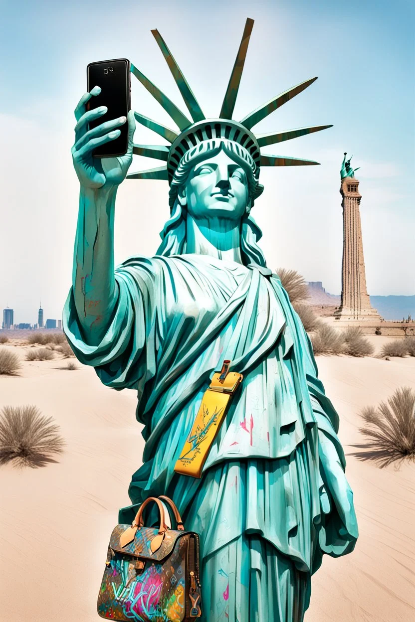 up-close digital image of the statue of liberty, covered in graffiti , holding a cellphone and taking a selfie while smiling,a Louis Vuitton bag over shoulder, standing alone In a deserted desert