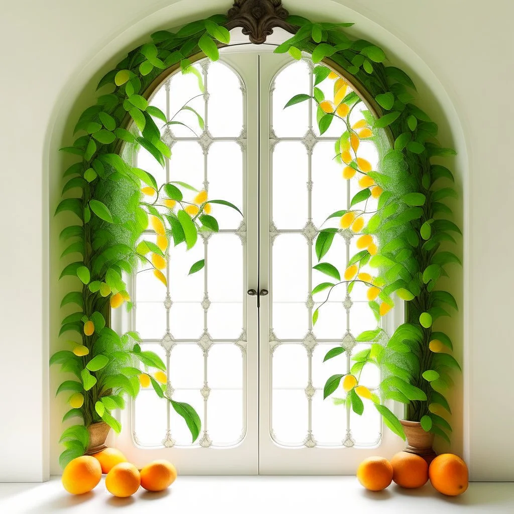 A window in white with an arch decorated with mangoes and light green leaves and soft orange bright colors.