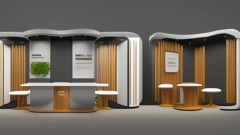 Corner exhibition stand in light colors with wood elements and greenery with two meeting areas